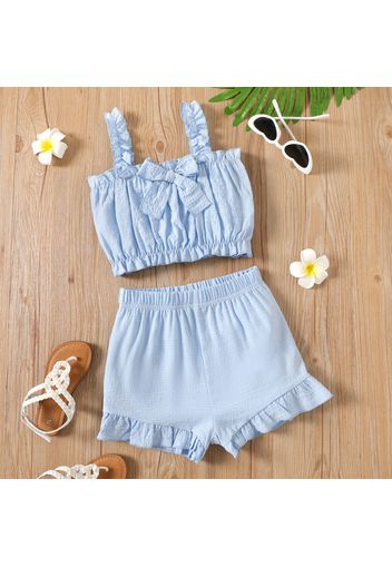 2-piece Kid Girl Bowknot Design Ruffled Solid Color Camisole and Elasticized Shorts Set