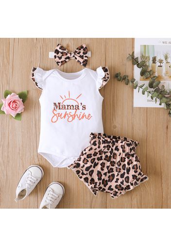 3pcs Baby Girl Letter Print Flutter-sleeve Romper and Leopard Frill Shorts with Headband Set