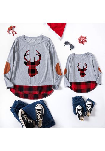 Christmas Deer Splice Red Plaid Print Gray Long-sleeve T-shirts for Mom and Me