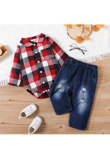 2pcs Baby Lapel Long-sleeve Shirt Romper and 100% Cotton Ripped Jeans Set