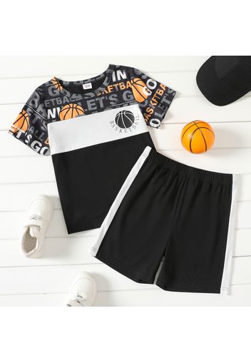 2-piece Kid Boy Letter Basket Print Colorblock Short-sleeve Tee and Elasticized Shorts Sporty Set