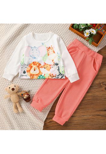 2-piece Toddler Girl Animal Print Long-sleeve Top and Waffle Pants Set