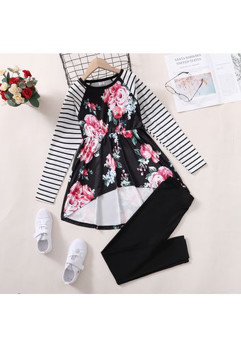 2-piece Kid Girl Floral Print Striped Long-sleeve High Low Top and Black Pants Set