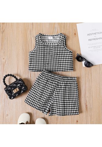 2pcs Toddler Girl Houndstooth Tweed Style Button Design Sleeveless Top and Shorts Set