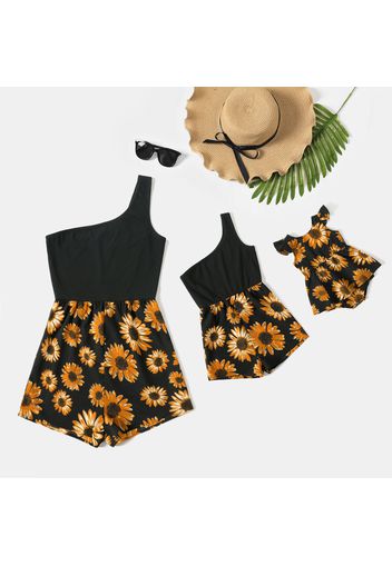 Black Ribbed Sleeveless One Shoulder Splicing Sunflowers Floral Print Romper Shorts for Mom and Me