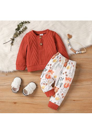 2pcs Baby Boy/Girl Cable Knit Long-sleeve Top and Allover Cartoon Animal Print Pants Set