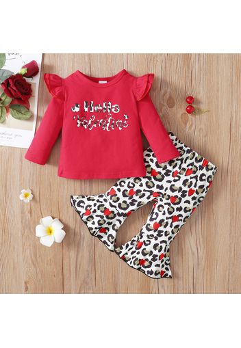 Valentine's Day 2pcs Baby Girl Letter Print Ruffle Long-sleeve Top and Leopard Flared Pants Set