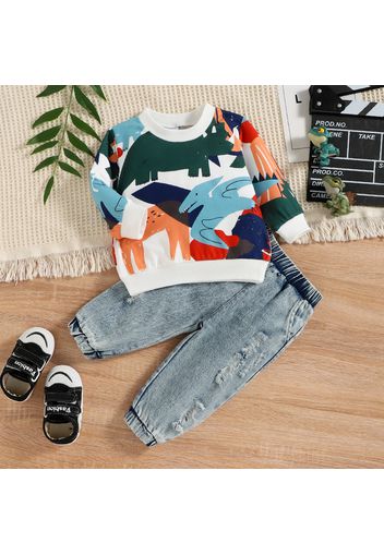 2pcs Baby Boy Allover Dinosaur Print Long-sleeve Sweatshirt and Ripped Jeans Set