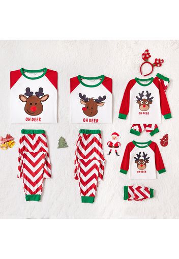 Christmas Cartoon Deer and Letter Print Red Family Matching Raglan Long-sleeve Striped Pajamas Sets (Flame Resistant)