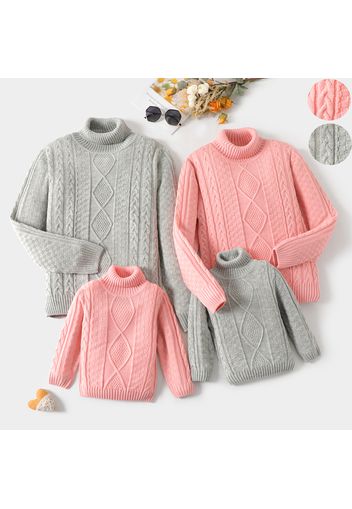 Family Matching Solid Cable Knit Turtleneck Long-sleeve Pullover Sweaters