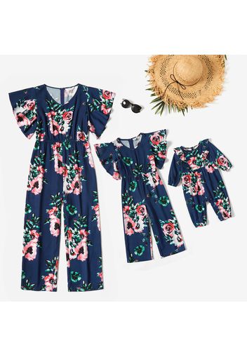 Floral Print Navy Blue Ruffle Sleeve Jumpsuit for Mom and Me