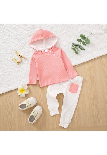 2pcs Baby Boy/Girl Solid Ribbed Long-sleeve Hooded Top and Trousers Set