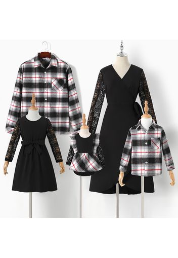 Family Matching Black Lace Long-sleeve Splicing Dresses and Plaid Shirts Sets