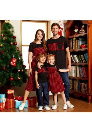 Black Splice Red Plaid Family Matching Sets（Midi Dresses and Short-sleeve T-shirts）