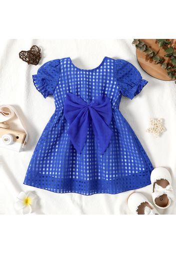 Baby Girl Blue Plaid Mesh Puff-sleeve Bowknot Dress