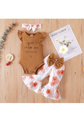 3pcs Baby Girl Letter Print Ribbed Flutter-sleeve Romper and Bowknot Floral Print Bell Bottom Pants with Headband Set