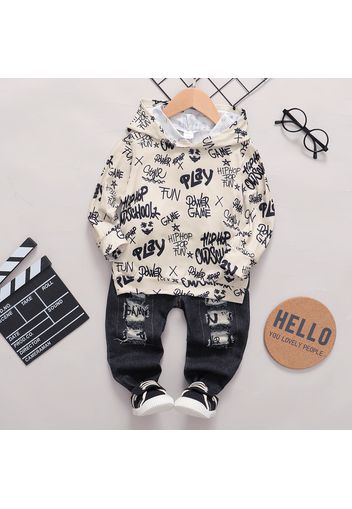 2pcs Baby Boy All Over Graffiti Letter Print Long-sleeve Hoodie and Ripped Jeans Set