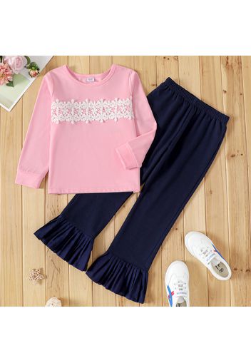 2-piece Kid Girl Floral Lace Design Long-sleeve Pink Top and Dark Blue Flared Pants Set