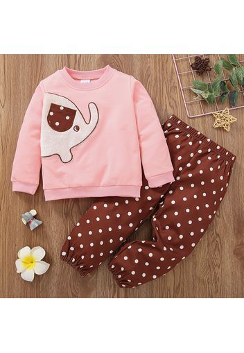 2-piece Toddler Girl Animal Elephant Print Sweatshirt and Polka dots Pants Set