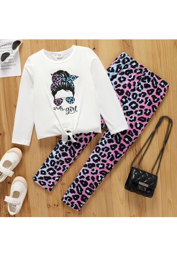 2pcs Kid Girl Cartoon Print Tie Knot Long-sleeve Tee and Leopard Print Leggings Set