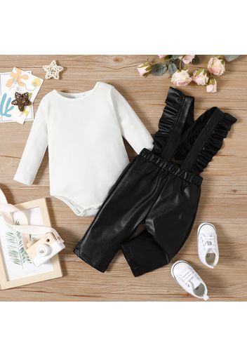 2pcs Baby Girl Solid Long-sleeve Romper and Faux Leather Ruffle Overalls Set