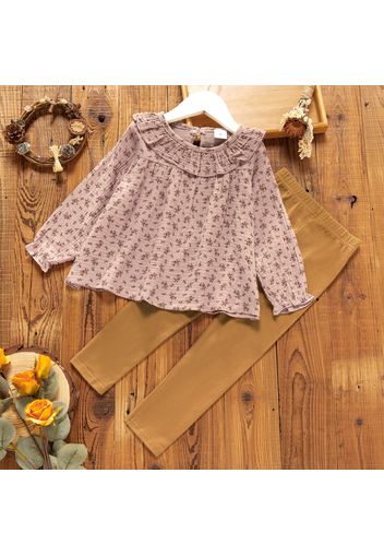 2-piece Toddler Girl Flounce Floral Print Long-sleeve Blouse and Solid Leggings Set