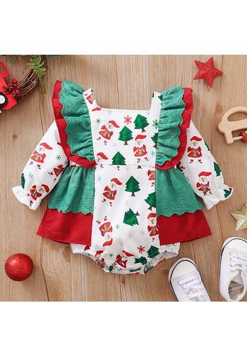 Christmas All Over Santa and Tree Print Color Block Ruffle Baby Romper