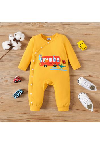 2-Pack Baby Boy 95% Cotton Long-sleeve Bus & Dinosaur Print Jumpsuits Set