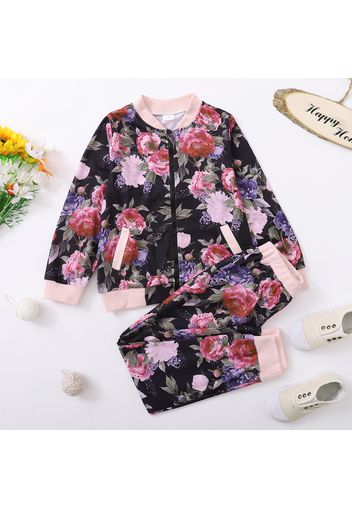 2-piece Kid Girl Floral Print Zipper Bomber Jacket and Pants Set