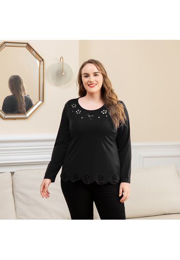 Women Plus Size Elegant Hollow out Scallop Hem Long-sleeve Tee