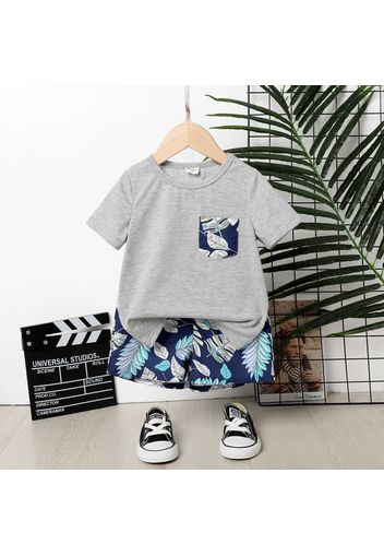 2pcs Toddler Boy Pocket Design Short-sleeve Tee and Floral Leaf Print Shorts Set