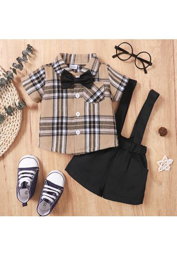 2pcs Baby Boy Plaid Short-sleeve Gentleman Bow Tie Shirt and Suspender Shorts Set