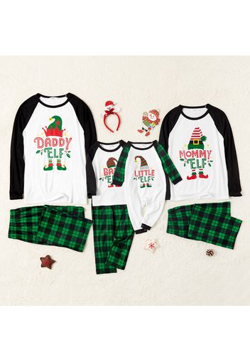 Family Matching Elf Print Contrast Top Green Plaid Christmas Pajamas Sets (Flame Resistant)