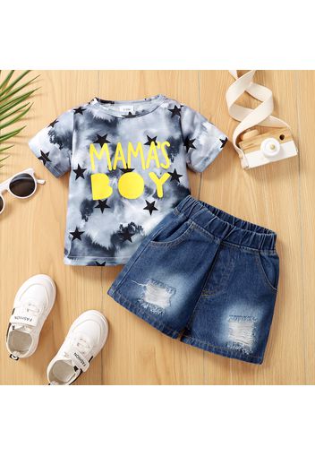 2pcs Baby Boy Letter Print Tie Dye Short-sleeve T-shirt and Ripped Denim Shorts Set