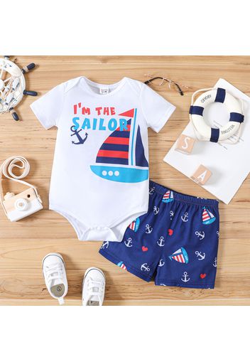 2pcs Baby Boy Nautical Style Sailboat and Letter Print Short-sleeve Romper with Shorts Set