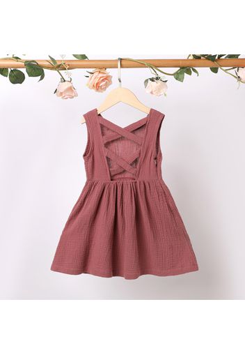 Toddler Girl 100% Cotton Backless Crisscross Sleeveless Brick Red Dress