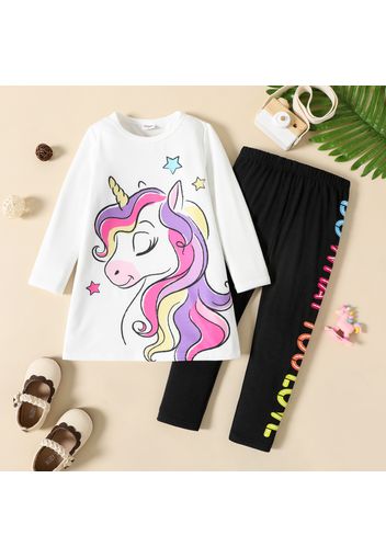 2pcs Toddler Girl Unicorn Print Long-sleeve White Tee and Letter Print Black Leggings Set