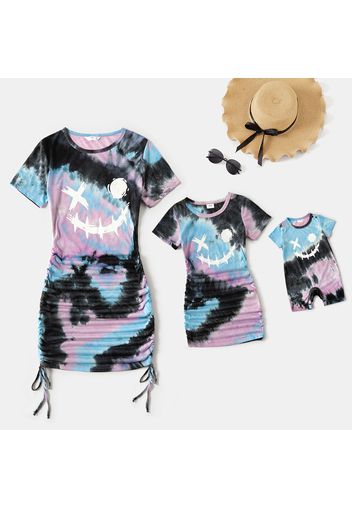 Halloween Tie Dye Graphic Short-sleeve Drawstring Ruched Bodycon Dress for Mom and Me