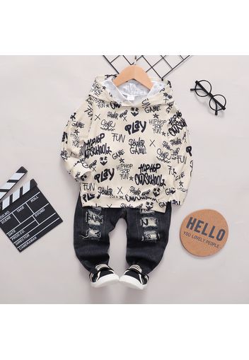 2-piece Toddler Girl/Boy Letter Print Hoodie Sweatshirt and Patchwork Ripped Denim Jeans Set