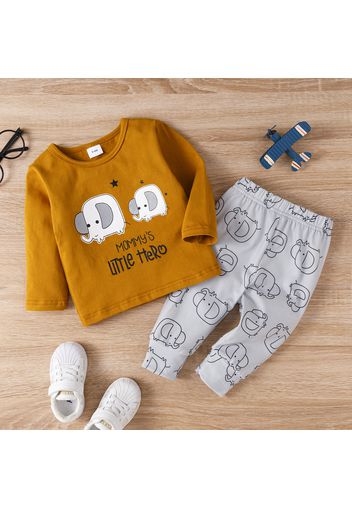 2pcs Baby Boy Cartoon Elephant and Letter Print Long-sleeve T-shirt with Trousers Set