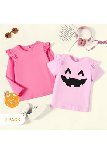 2-Pack Kid Girl Halloween Graphic Print Ruffled Short/Long-sleeve Tee