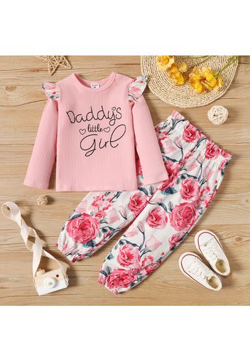 2-piece Toddler Girl Ruffled Letter Print Long-sleeve Ribbed Top and Floral Print Paperbag Pants Set