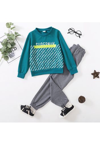 2-piece Kid Boy Letter Print Pullover Sweatshirt and Grey Pants Set