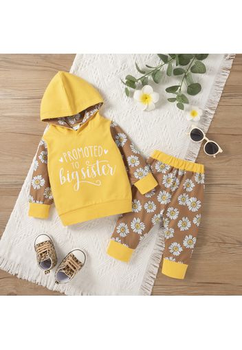 2pcs Baby Girl Letter Print and Daisy Floral Print Yellow Long-sleeve Hoodie and Pants Set