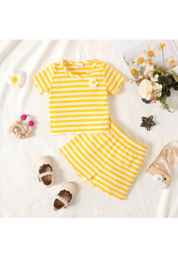 2pcs Baby Girl 3D Flower Design Striped Ribbed Short-sleeve Top and Shorts Set