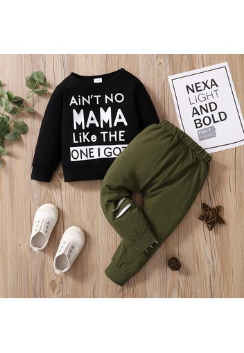 2-piece Toddler Boy Letter Print Black Sweatshirt and Solid Color/Camouflage Print Pants Set