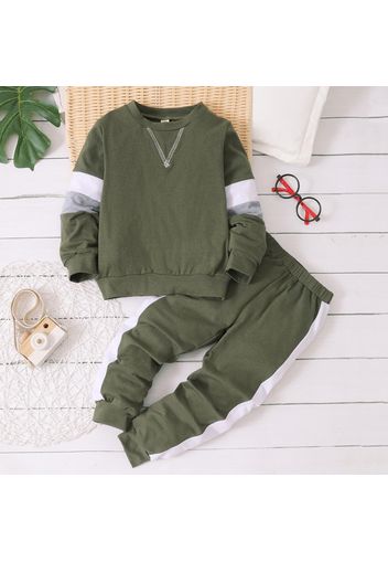 2pcs Toddler Boy Casual Colorblock Army Green Sweatshirt and Pants Set