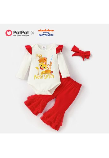 Baby Shark New Year 3pcs Baby Girl Flounce Bodysuit and Red Bell Bottom Pants Set with Headband