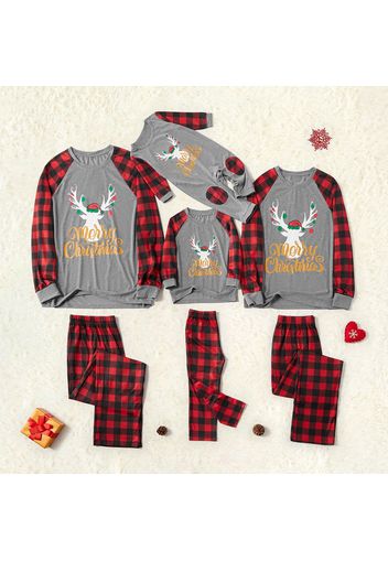 Merry Christmas Letter Antler Print Plaid Splice Matching Pajamas Sets for Family (Flame Resistant)