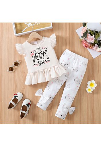 Father's Day 2pcs Toddler Girl Letter Print Ruffle Hem Flutter-sleeve Tee and Cat Print Leggings Set